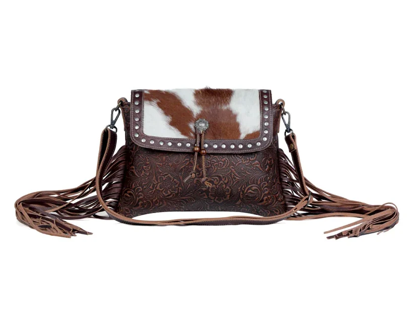 Carved Blossoms Leather & Hairon Fringe Shoulder Bag