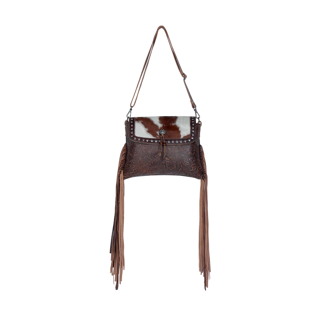 Carved Blossoms Leather & Hairon Fringe Shoulder Bag - Image 4