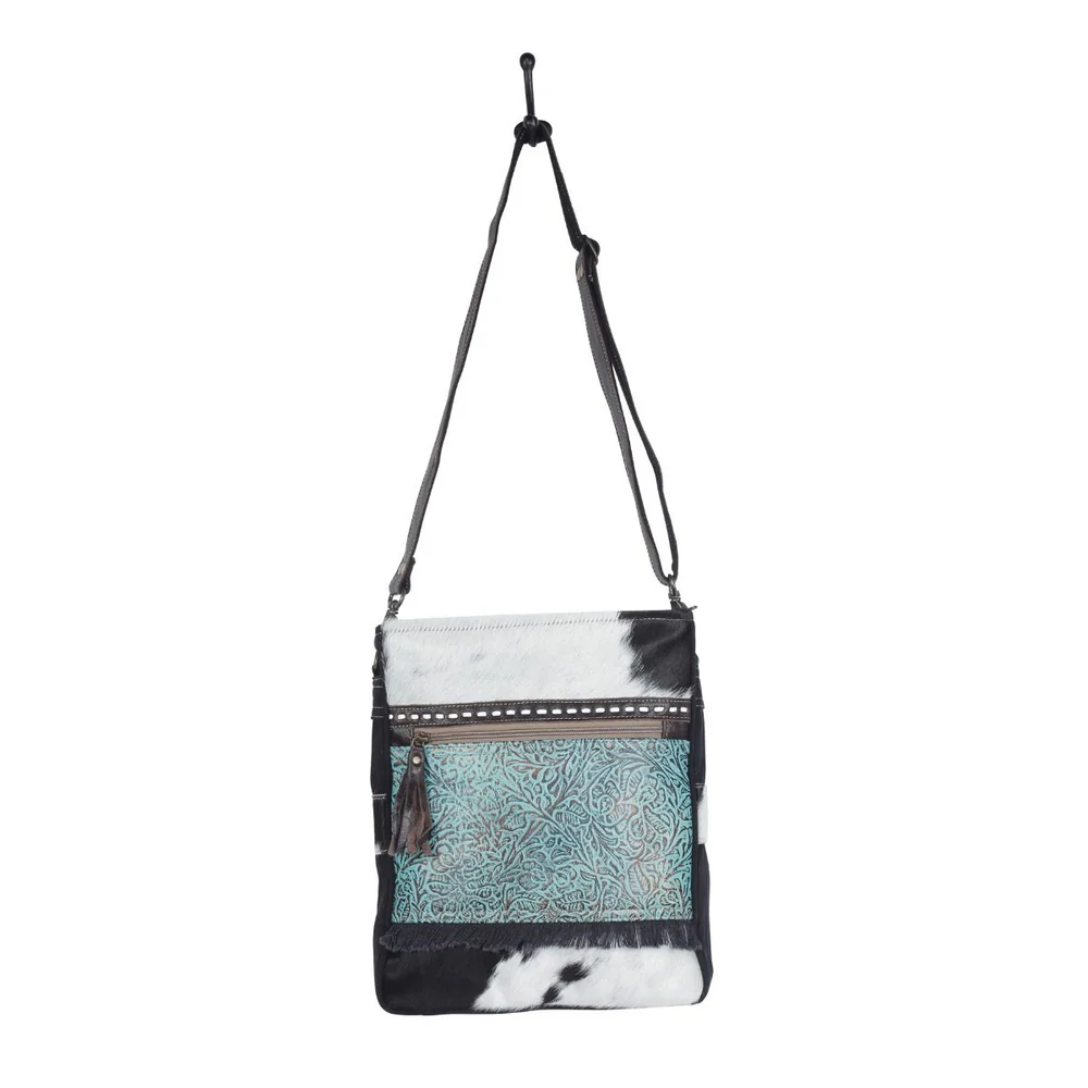 Forest Sky Embossed Leather & Hairon Crossbody Shoulder Bag - Image 3