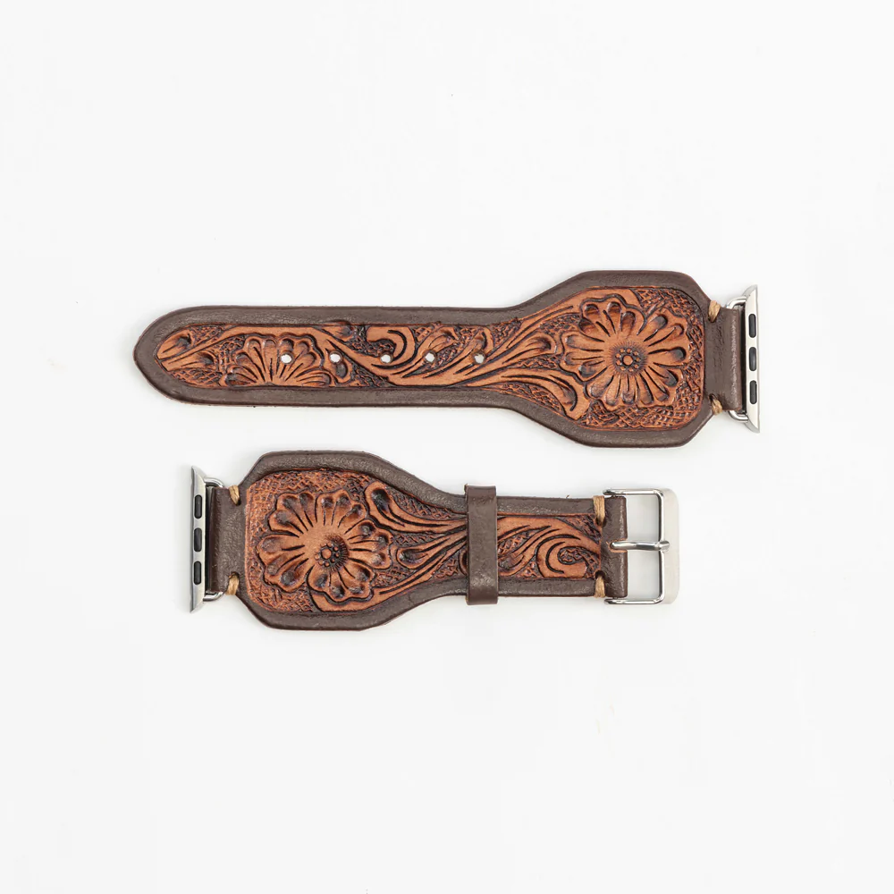 Lone Star Handtooled Leather Watch Band in Antique Mahogany - Image 4