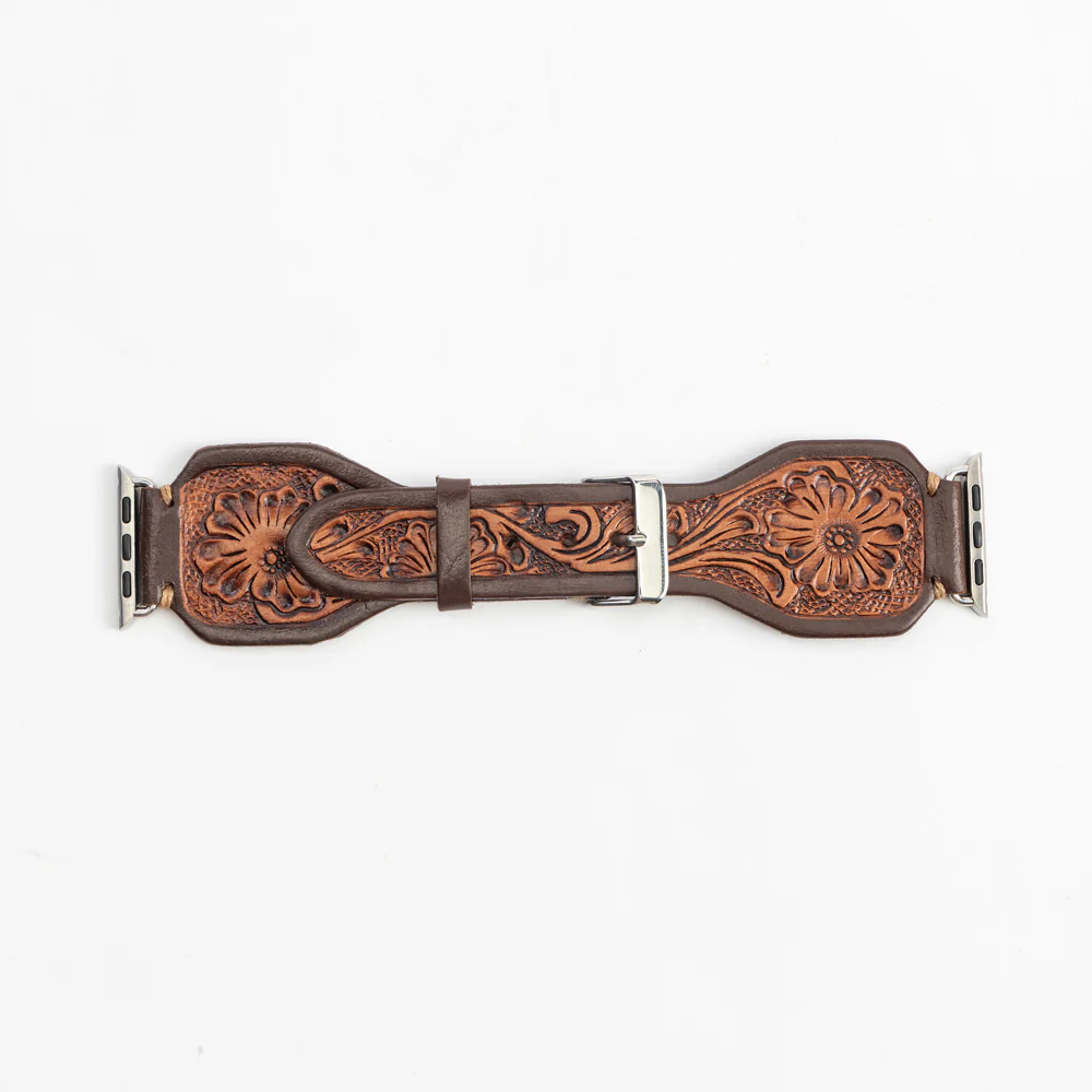 Lone Star Handtooled Leather Watch Band in Antique Mahogany - Image 3