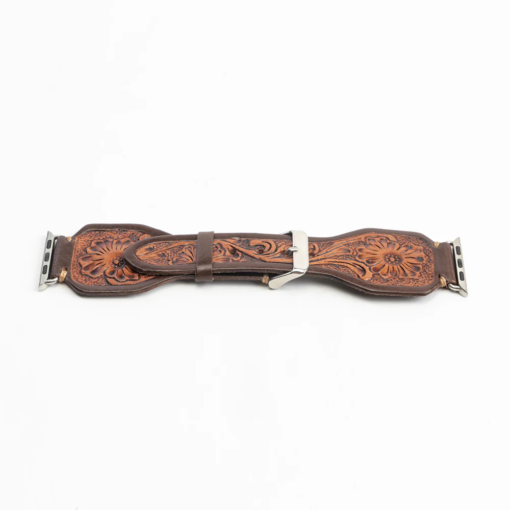 Lone Star Handtooled Leather Watch Band in Antique Mahogany - Image 2